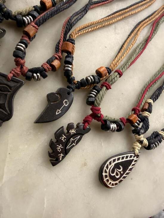 Handmade Tribal Ethnic Bone and Wood Pendant Necklace Collection with Adjustable - Picture 4 of 4
